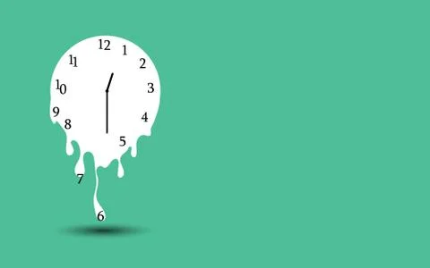 Melting clock flat design vector illustration on green background. 스톡 일러스트