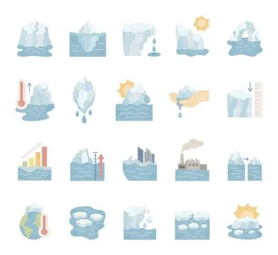 Melting glacier climate change set featuring Stock Illustration