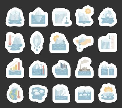Melting glacier climate change set featuring Stock Illustration