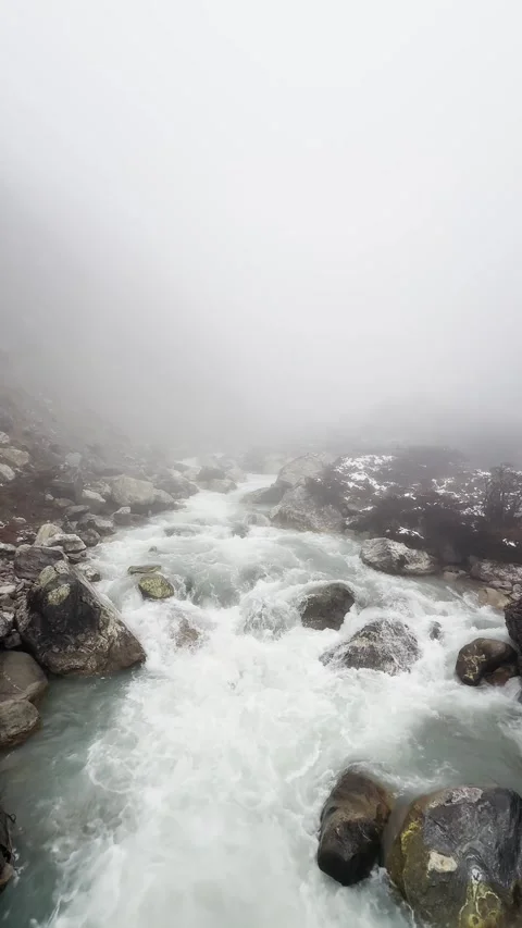 Melting glacier from the top of the mountains, view of the mountain river, at Stock Footage 329666342