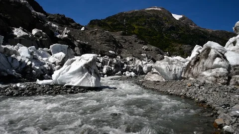 Melting glacier water flowing down a river during summer Video stock 95838183