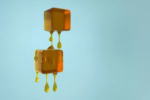Melting honey cube with liquid drop details, 3d rendering Illustrazione stock