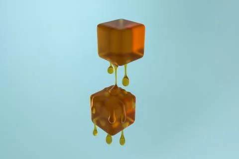Melting honey cube with liquid drop details, 3d rendering Illustrazione stock