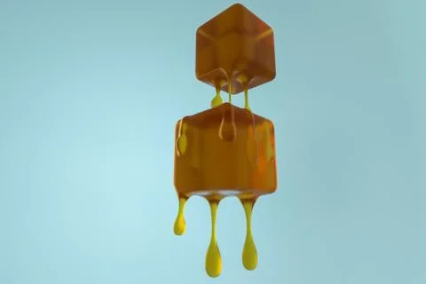 Melting honey cube with liquid drop details, 3d rendering Illustrazione stock