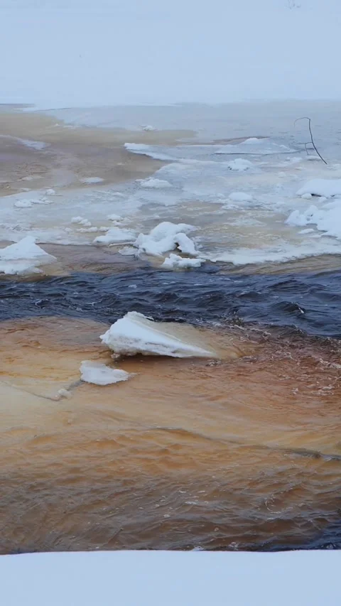 Melting Ice and Rushing River Water in Winter - Aesthetic Nature B-Roll: Golden Stock Footage 326214532