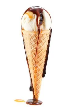 Melting ice cream in waffle cone isolated on white background Stock Photos