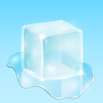 Melting ice cube on a light blue background. A drop of water is flowing Illustrazione stock