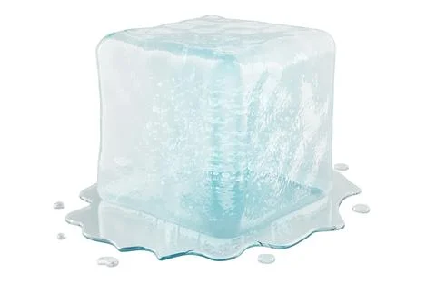 Melting ice cube with water puddle. 3D rendering Ilustración de archivo