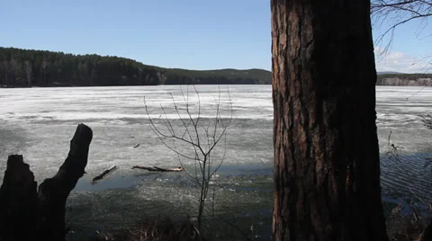 The melting ice is on the forest lake in spring Stock Footage 37317447