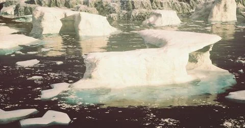 Melting icebergs float in calm waters under soft lighting at sunset Stock Illustration