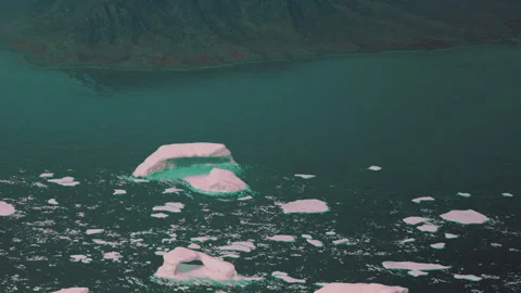 Melting icebergs float in a cold sea near steep mountains in the Arctic Stock Footage 340231186