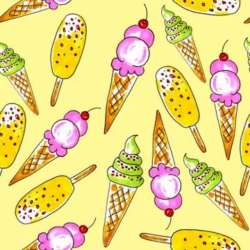 Melting icecream seamless pattern on yellow background. 库存插图