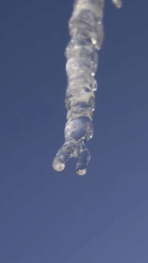 Melting Icicle Dripping Water Drops Against Clear Blue Sky Macro Stock Footage 329914947