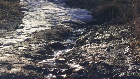 Melting snow and a small stream on a rocky surface, illuminated by sunlight Stock Footage 303843014
