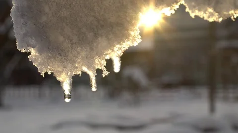 Melting snow. Icicles. Eavesdrop. Close-up Stock Footage 83491892