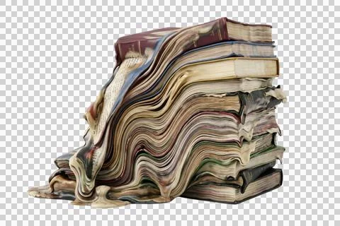 Melting stack of old books, pages dripping like wax, surreal artistic repre.. Illustrazione stock
