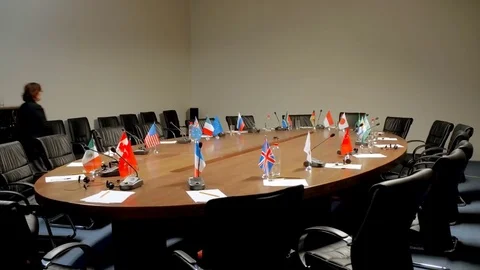 Members of the international conference round table discussion. Political debate Stock Footage 78421236