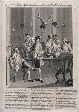 Members of the Noble Order of Bucks drinking and smoking. Engraving and etc.. Stock Illustration