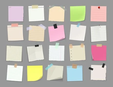 Memo note paper with adhesive tape, pins and clips Stock Illustration