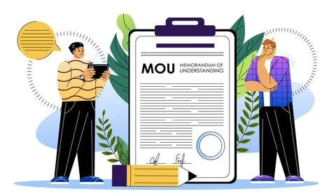 Memorandum of understanding concept. Two men near MOU document. Biusinessmen Stock Illustration