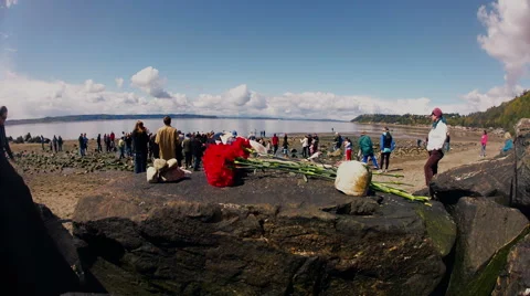 Memorial and curious crowd at dead beached whale Stock Footage 62841358