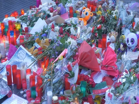 Memorial candles terrorist attack Barcelona terrorism shootings flowers 4k Video stock 80626832