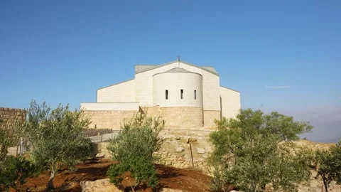 Memorial Church Surrounded by Olive Trees at Historic Pilgrimage Site Stock Footage 343960555