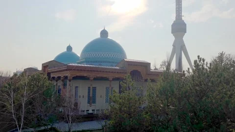 Memorial Complex with Blue Domes and Tower at Sunset in Tashkent Stock Footage 303700984