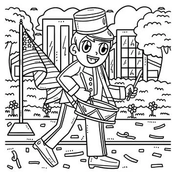 Memorial Day Cadet Playing Marching Drum Coloring Stock Illustration