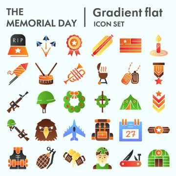 Memorial day flat icon set, holiday symbolism symbols collection, vector 스톡 일러스트