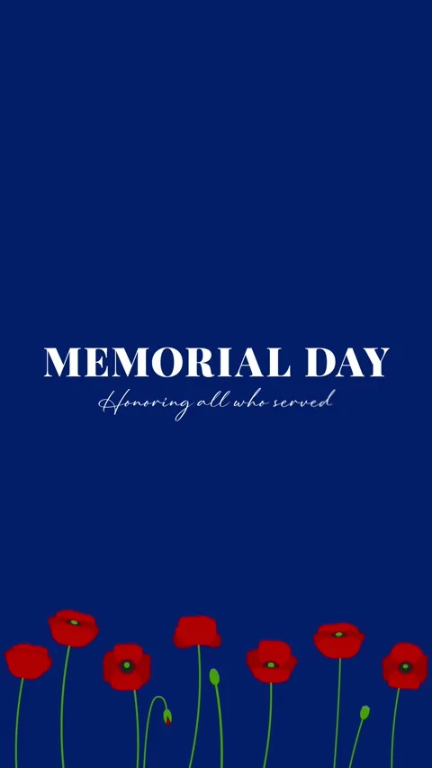 Memorial Day greeting animation with red poppies and stars on navy blue 스톡 동영상 333228174