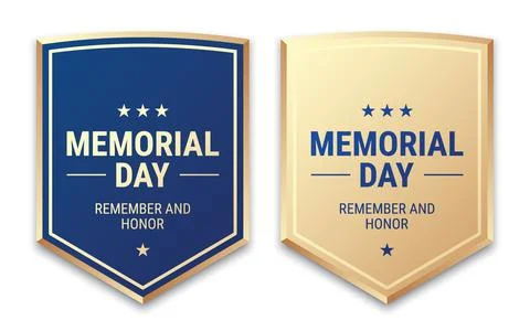 Memorial Day shield badges vector design, in blue and golden colors, isolated on 스톡 일러스트