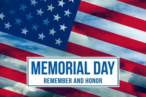 Memorial Day text written on a sky background with American flag Stock Illustration
