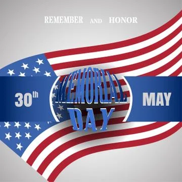 Memorial Day vector poster with convex text and blue ribbon cut from paper .. Stock Illustration