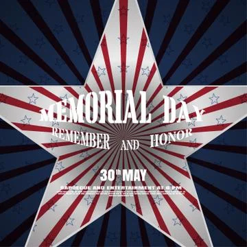 Memorial Day vector poster with convex text, cutout in the shape of a star .. Stock Illustration