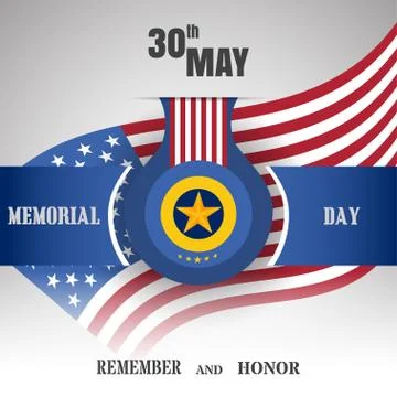 Memorial Day vector poster with medal and blue ribbon cut from paper, shado.. Stock Illustration