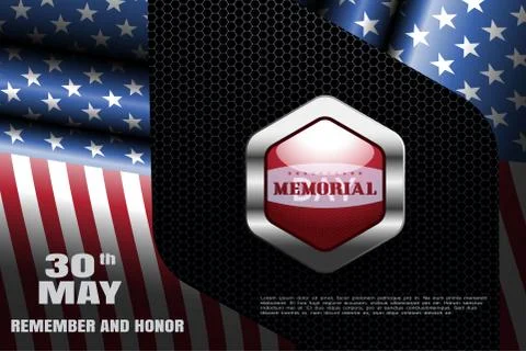 Memorial Day vector wide poster with metal red label with shadow on the dar.. Stock Illustration