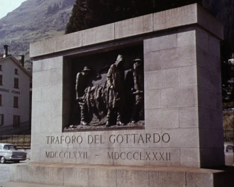 Memorial for dead workers of the Gotthard rail tunnel, Switzerland 1965 Stock Footage 132327210