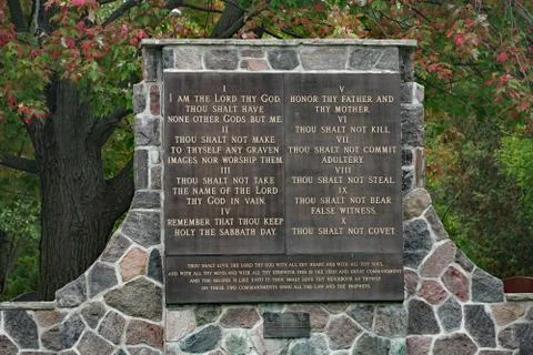 Memorial monument has the Ten Commandments. Stock Photos