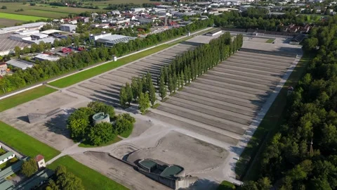 Memorial path panorama in Dachau, Germany, international Mahnmal aerial view Stock Footage 316644208