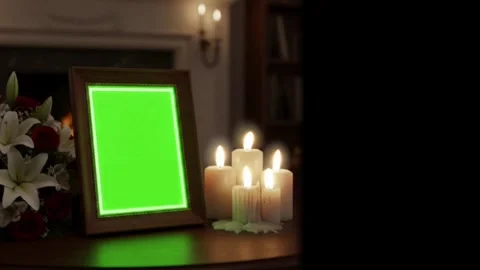 Memorial photo frame with green screen and burning candles in a dark room Stock Footage 328227259