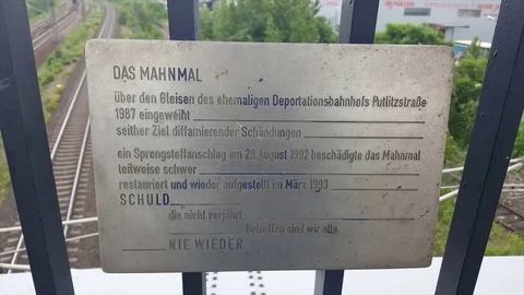 Memorial sign in German for train station from which Jews were deported, Berlin Stock Footage