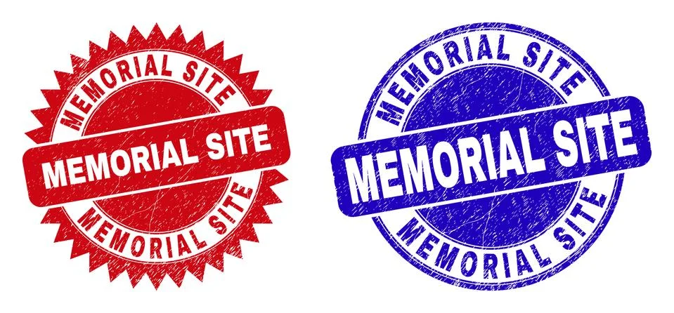 MEMORIAL SITE Rounded and Rosette Stamp Seals with Grunge Texture Stock Illustration