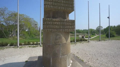 Memorial statue at Pegasus bridge D-Day landing site along Caan River at Stock Footage 224092156