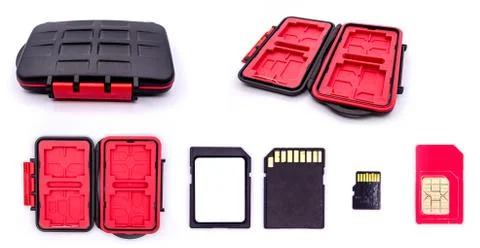 Memory and SIM cards - various sizes SD and SIM cards with card holder isolat Stock-Fotos