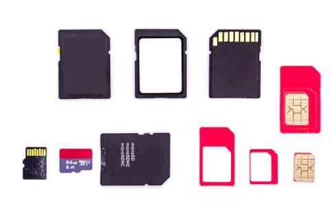 Memory and SIM cards - various sizes SD and SIM cards with card holder isolat Foto stock