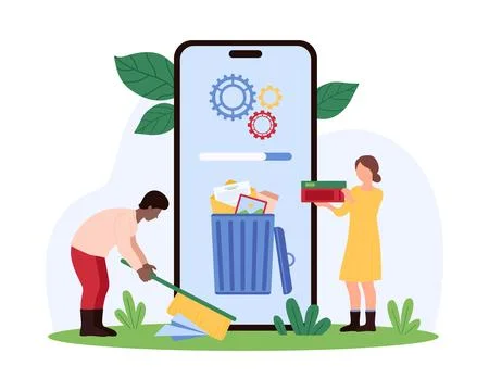 Memory cache and email, office document, folder cleaning with mobile app of tiny Illustration