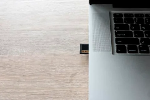 Memory card of camera in laptop to transfer photos Stock Photos