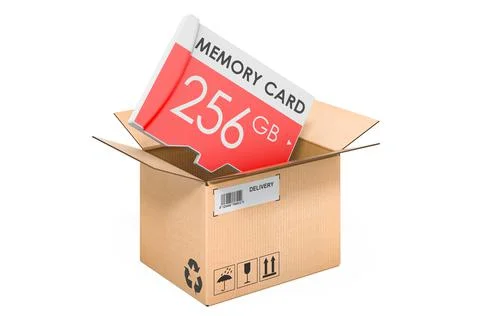 Memory card inside cardboard box, delivery concept. 3D rendering Stockillustratie