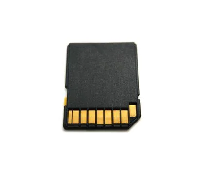 Memory card made of black plastic item isolated on white background. Foto stock